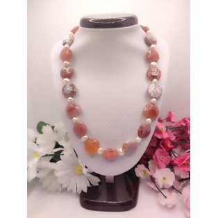 Natural Crab Fire Agate & Freshwater Pearl Necklace